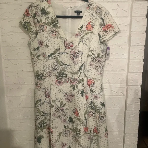 Ann Taylor Cream Floral Wrap Midi Dress with Pink & Green Accents - Picture 2 of 3